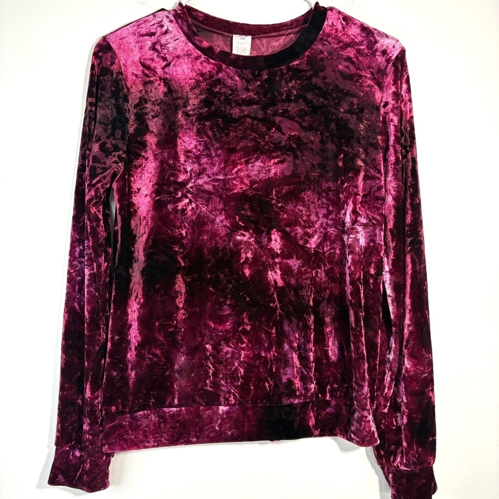 Womens Crushed Velvet Pink Maroon Red‎ Long Sleeve Crew Neck Top whimsygoth VTG